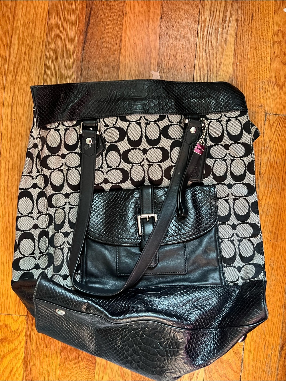 Coach Black and Gray Charlie Signature Python Tote with Leather Trim